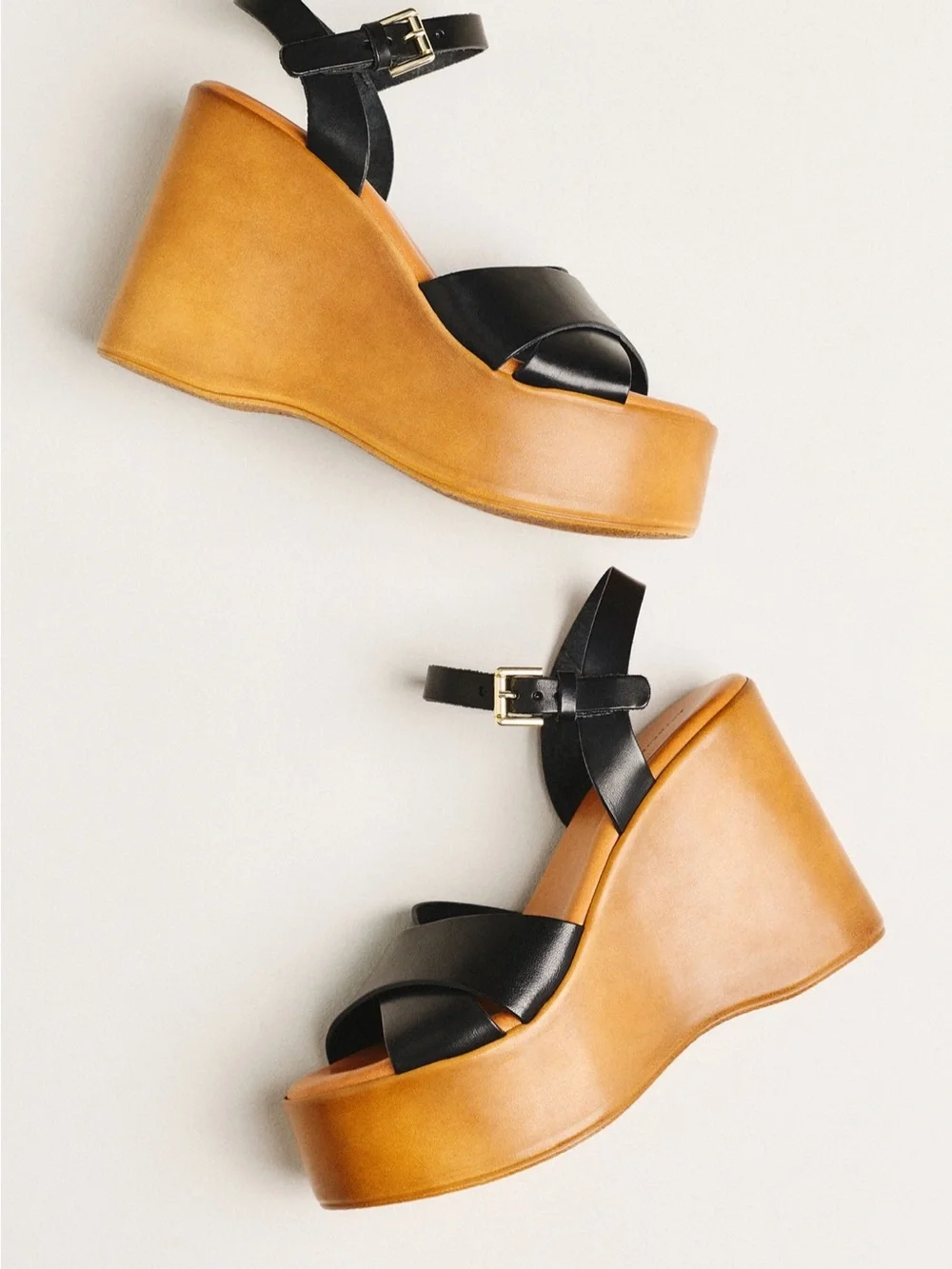 Anthropologie Black Leather Crisscross Platform Wedge Sandals - Picture 3 of 9